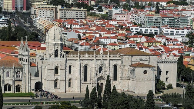 Facade of the Jerónimos Monastery in Lisbon from the monument to the discoveries